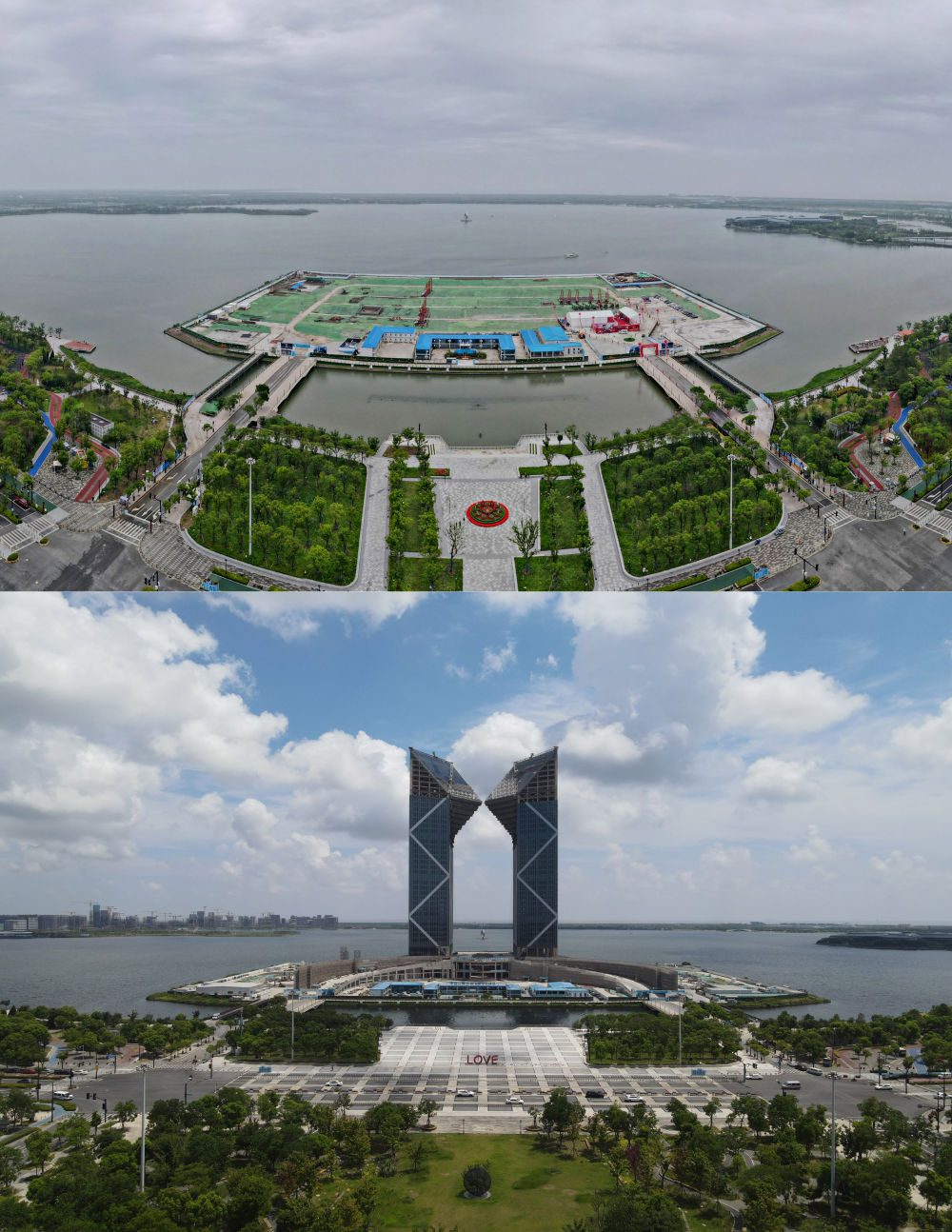 拼版照片:空中俯瞰中国(上海)自由贸易试验区临港新片区滴水湖西岛中银金融中心项目现场(上图为2021年6月20日摄,无人机照片;下图为2024年8月14日摄,无人机照片)。2019年8月20日,临港新片区揭牌成立,一个开放新高地在长江与东海交汇处日益崛起。